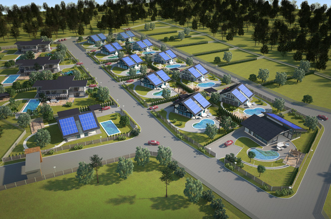 Визуализация VIP поселка с расположенными 15 современными домами с бассейнами на участках и солнечными батареями на крышах.
