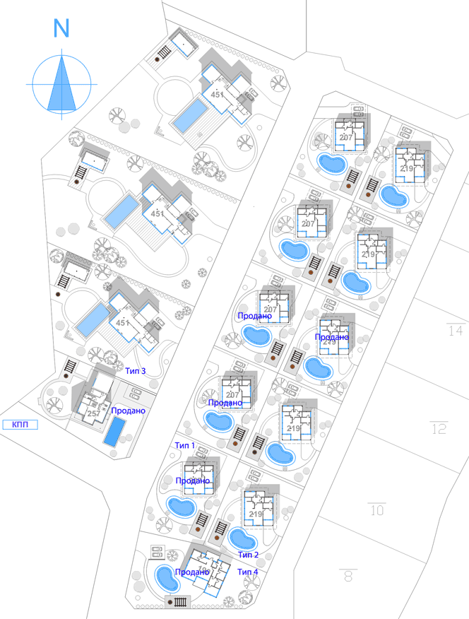 план розташування будинків на території селища, продані і вільні ділянки